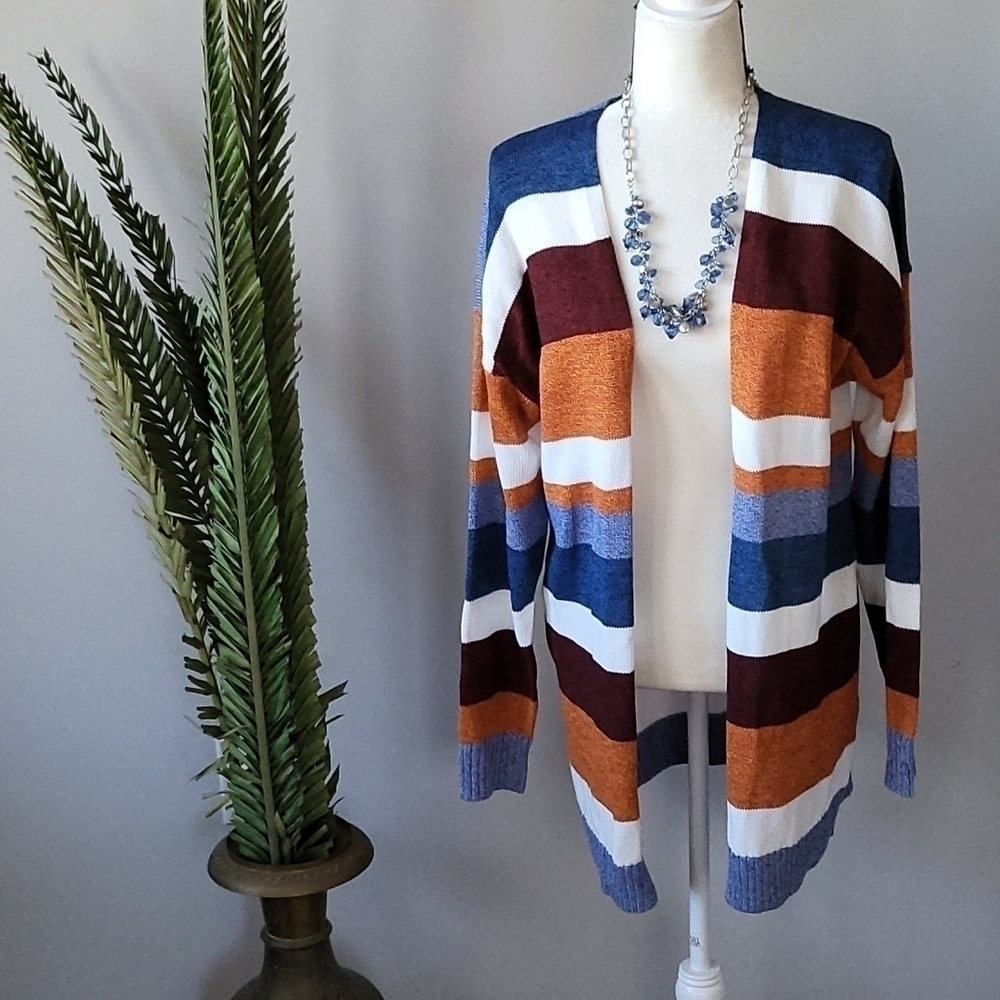 Ecowish knit cardigan with open front and multicolored stripes NWOT